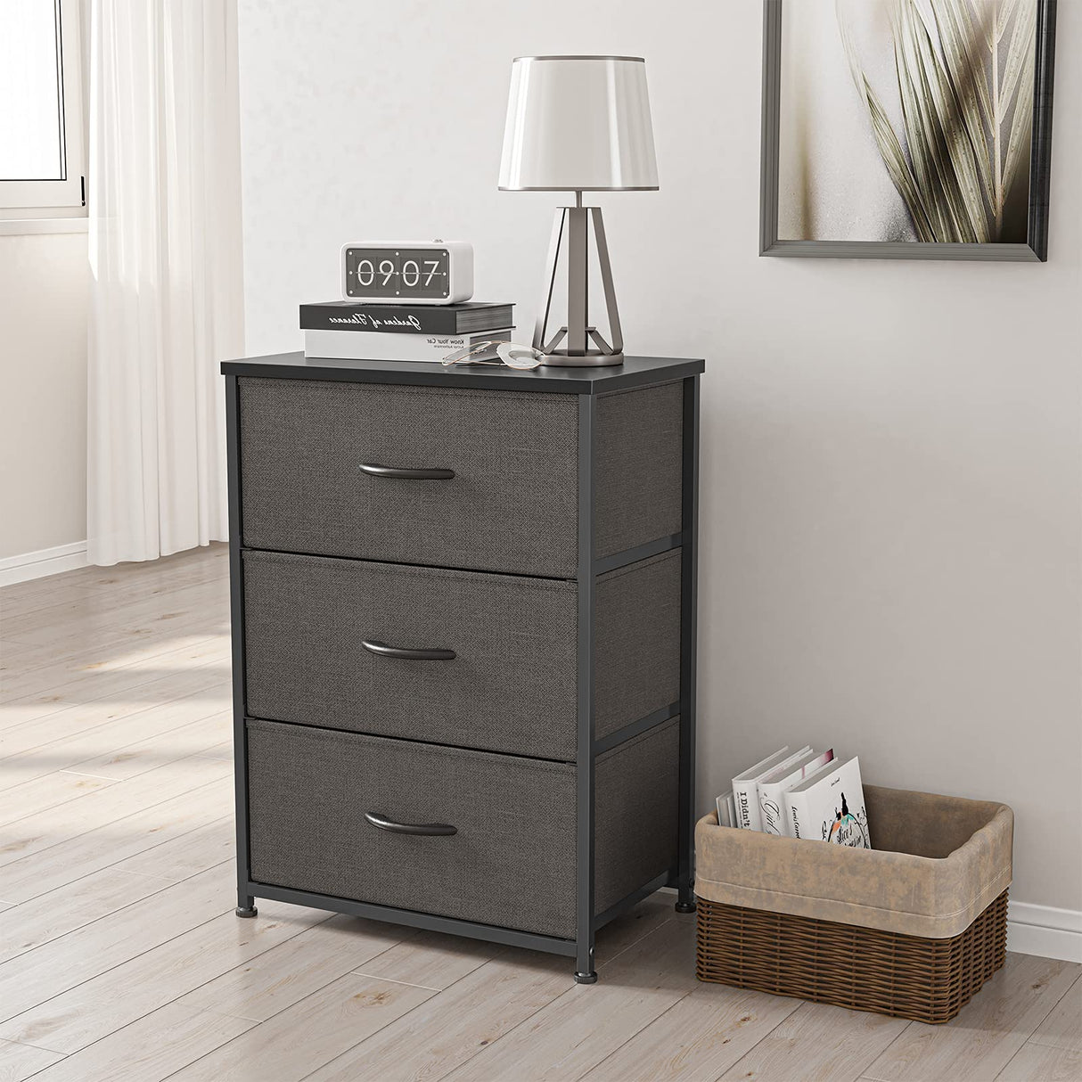 Dresser Nightstand for Bedroom, Small Kids Bedroom Fabric Tall Dresser 3 Drawer Storage Tower Organizer Unit for Hallway Entryway Closets, Steel Frame Wood Top, Dark Grey