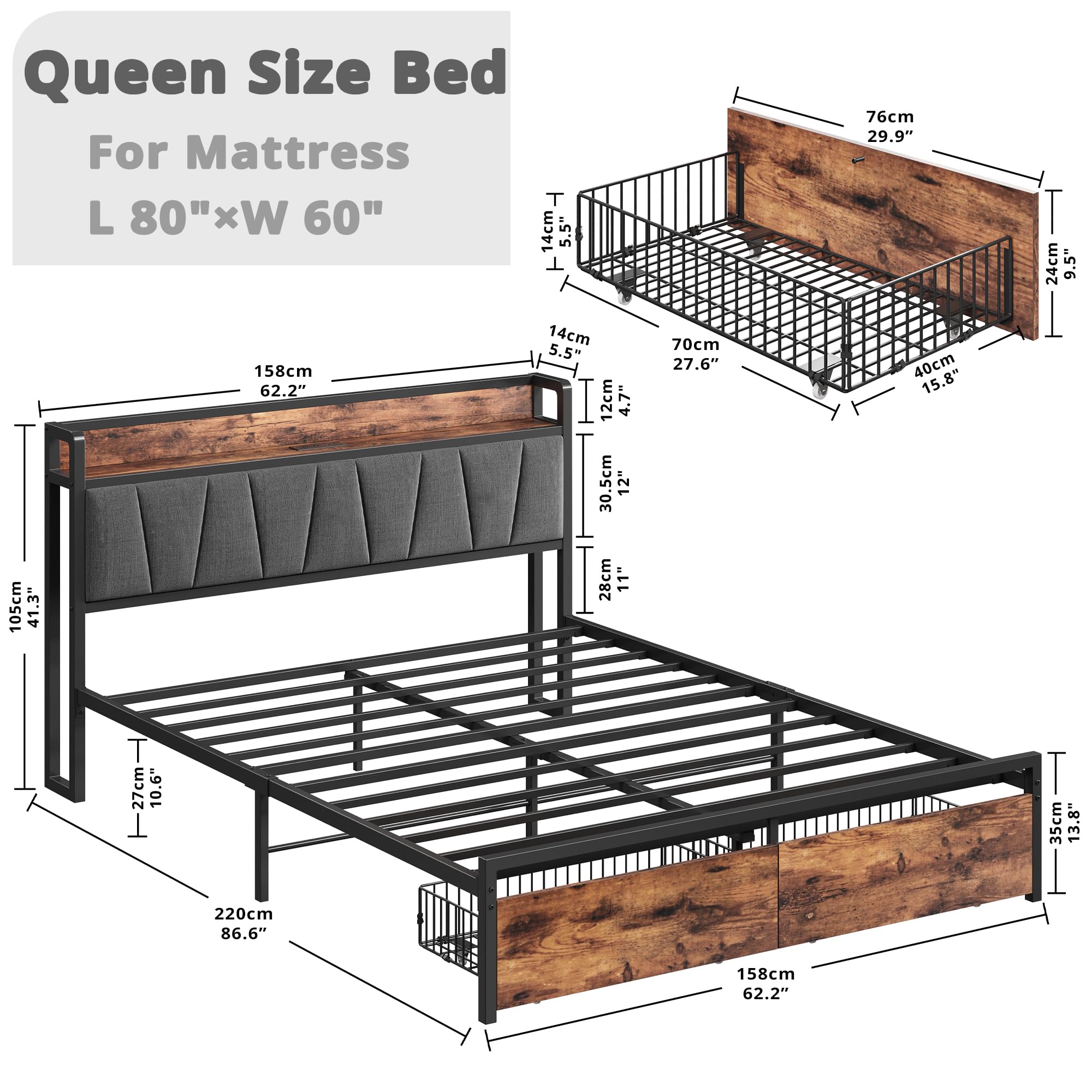 Queen Bed Frame, Storage Headboard with Charging Station, Platform Bed with Drawers,