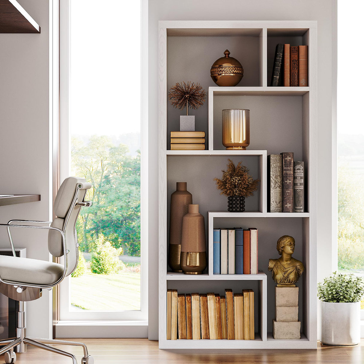 IRONCK Geometric Bookcase 6-Shelf Industrial Bookshelf White Etagere Bookcase Tall Storage Display Bookshelf with Thicken Shelf for Living Room Home Office