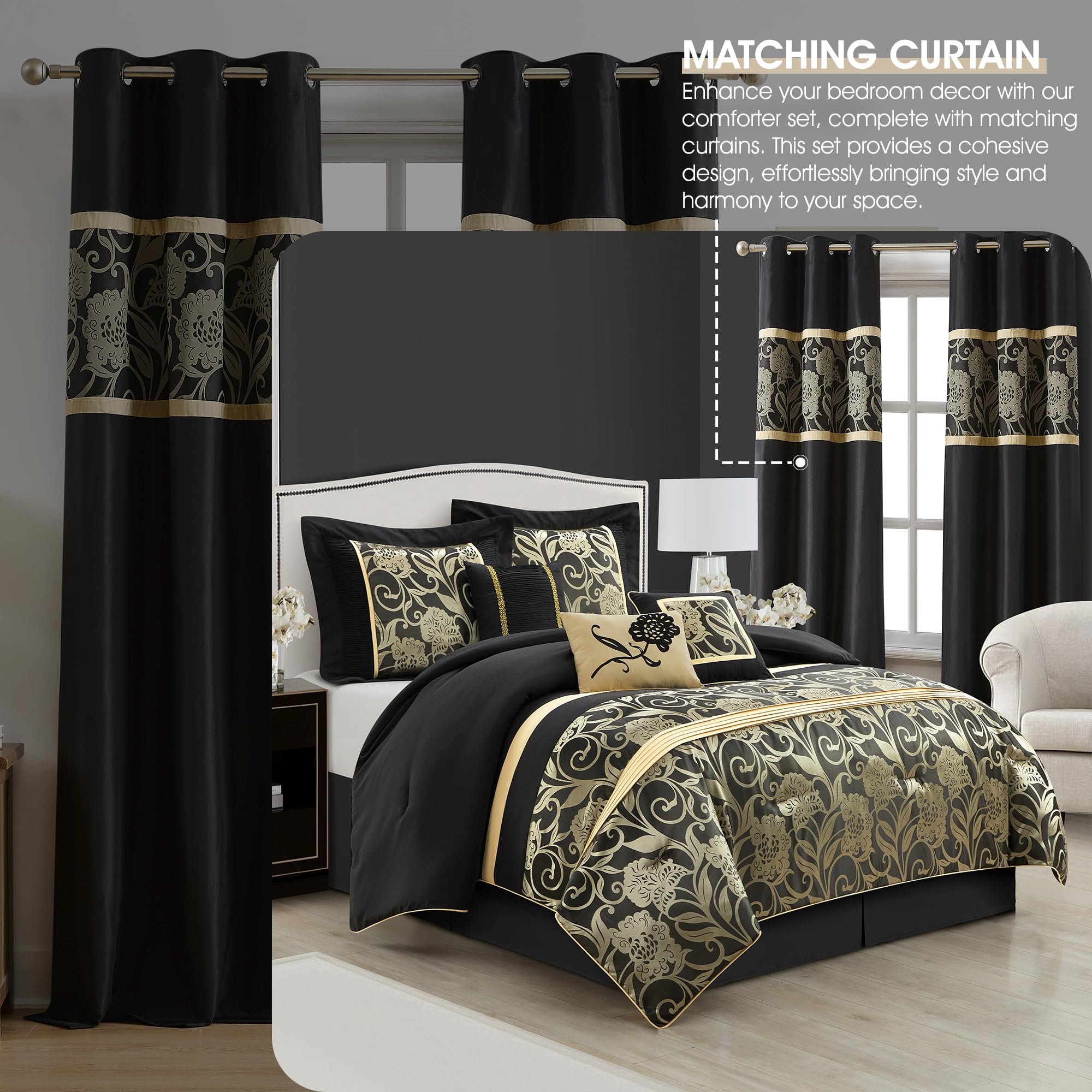 Black and Gold Comforter Set Queen - 9 Piece Jacquard Floral Bedding