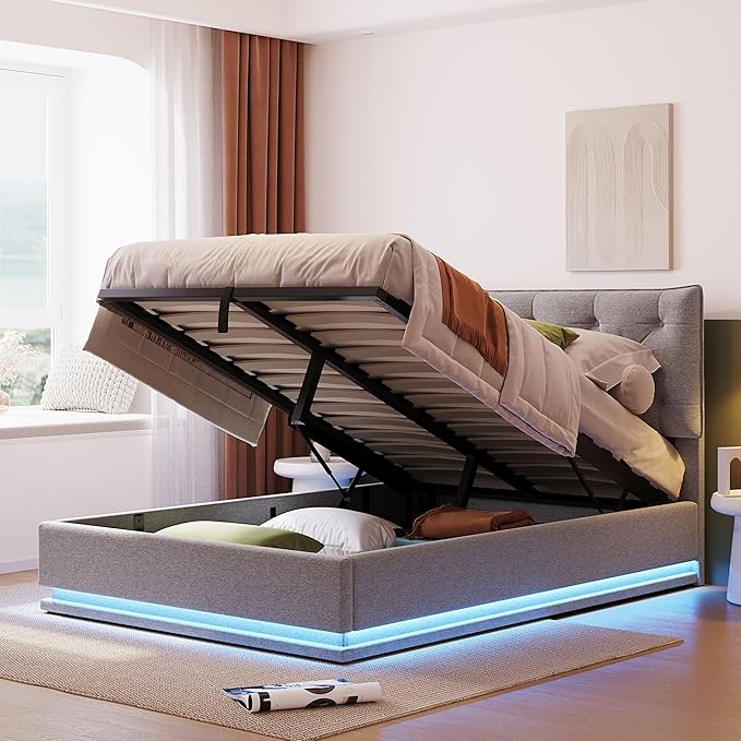 Full Size Upholstered Bed with Hydraulic Storage System and LED Light, Modern Platform