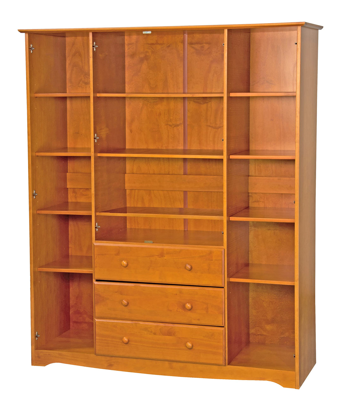 100% Solid Wood Family Wardrobe Closet/Armoire, Honey Pine. 3 Clothing Rods Included