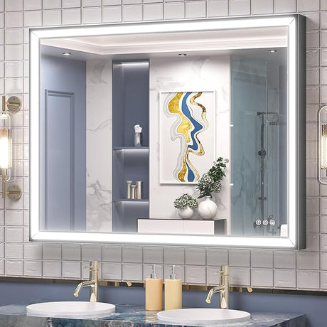 Black LED Bathroom Mirror 40” x 30” with Frontlit, 3X Ultra Brightness, 45° Angled Light,