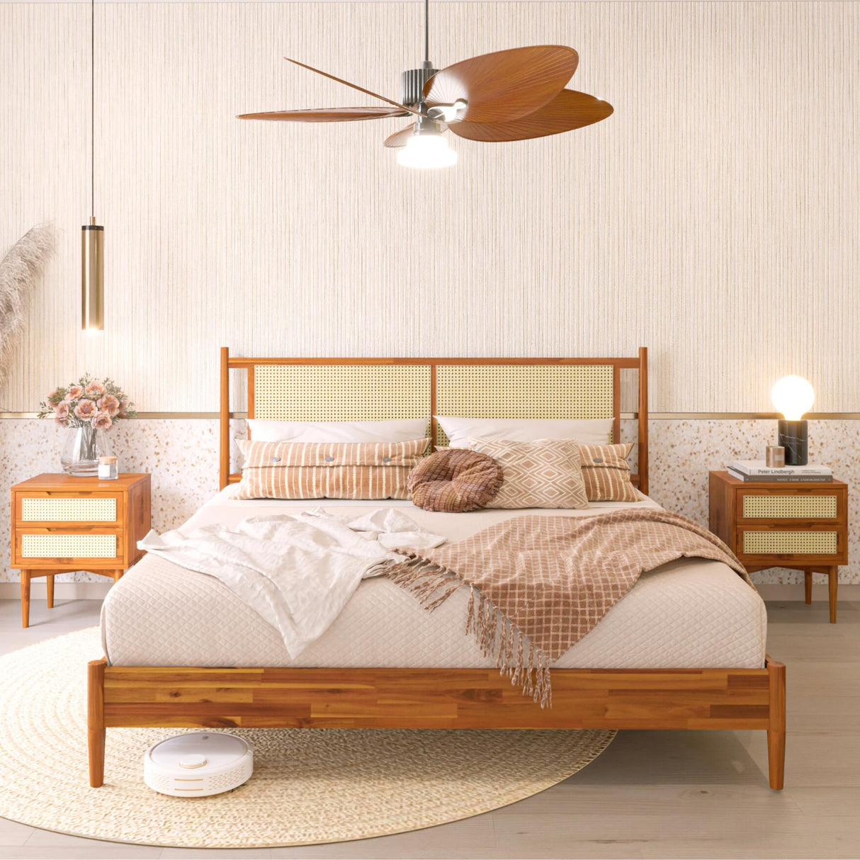 Oliver King Bed Frame and Headboard - 15-Inch Signature Design with Rattan Headboard,