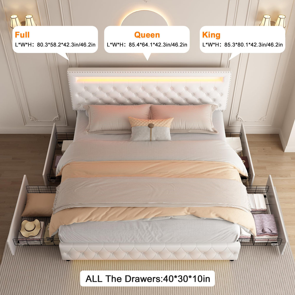 Queen Led Bed Frame with 4 Storage Drawers, with Smart Control RGBW LED Lights Headboard Footboard,