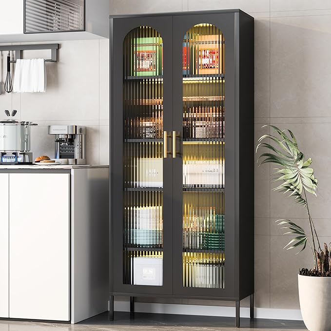Kitchen Storage Cabinets,Black Storage Cabinet with Glass Doors and Shelves