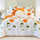 100% Cotton Quilt Queen Size Orange Sunflower Bedding Set Floral Lightweight Quilt