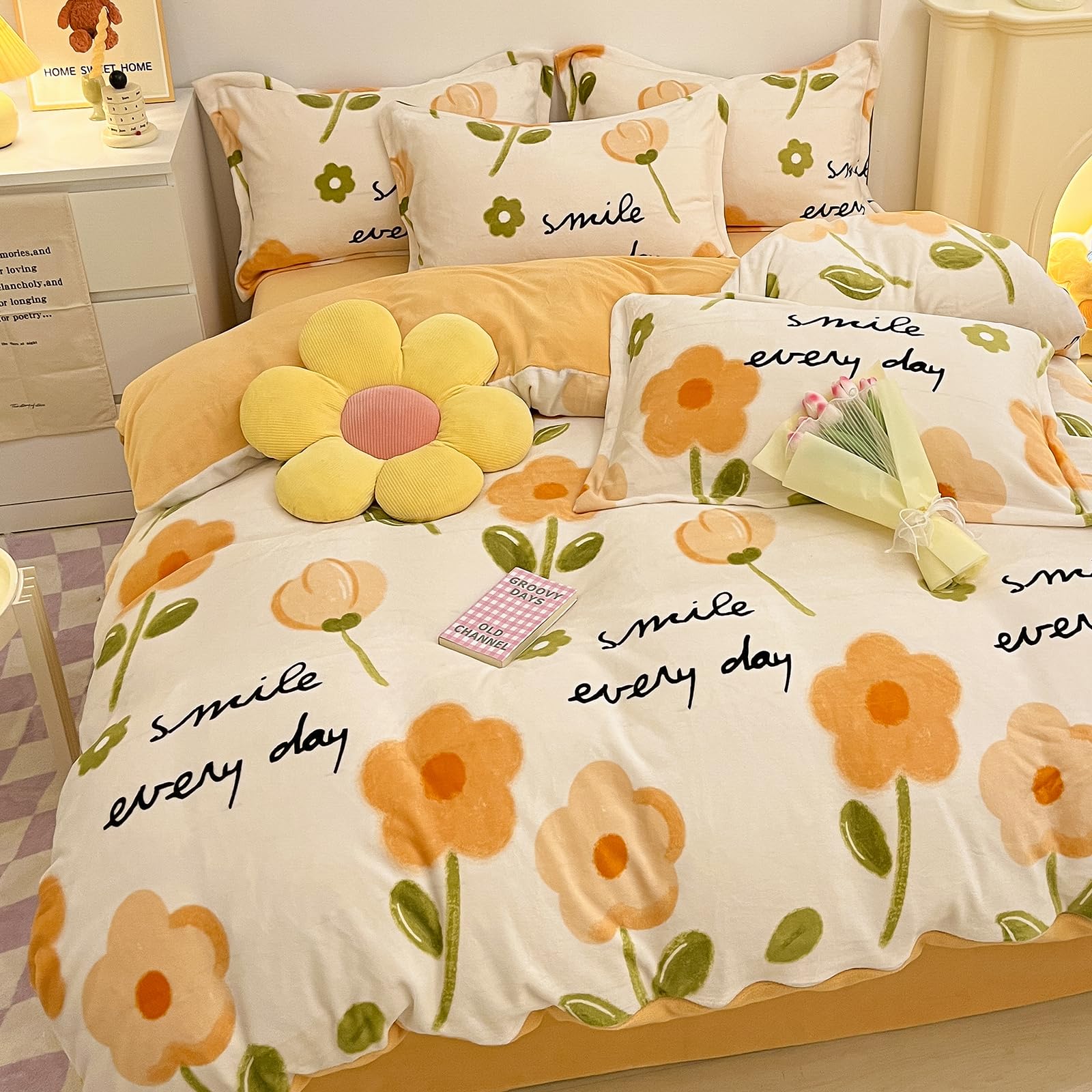 Twin Bedding Sets, Orange Floral Duvet Cover Set, Fluffy Comforter Covers Blanket Ultra