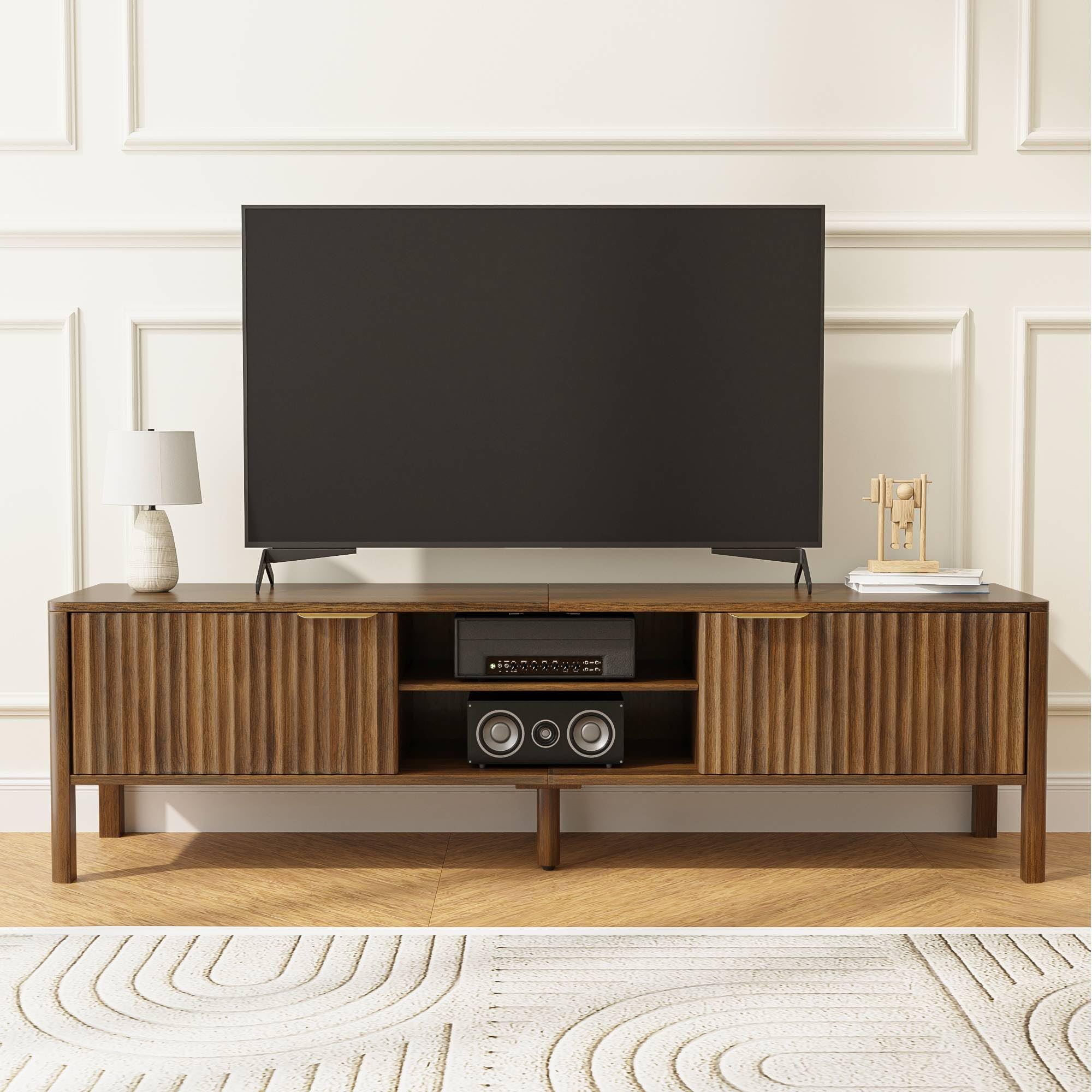 Mid Century Modern TV Stand with Fluted Door Storage