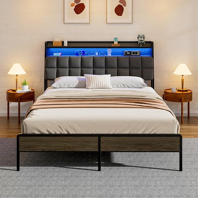 Queen Size Bed Frame with Headboard, Metal Bed Frame with Storage, Socket, USB Port