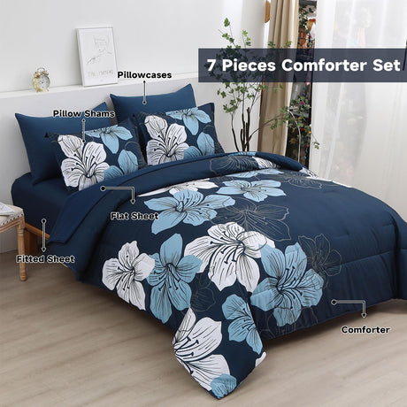 Blue Comforter Set Queen Size, 7 Pieces Bed in a Bag Navy Blue Floral