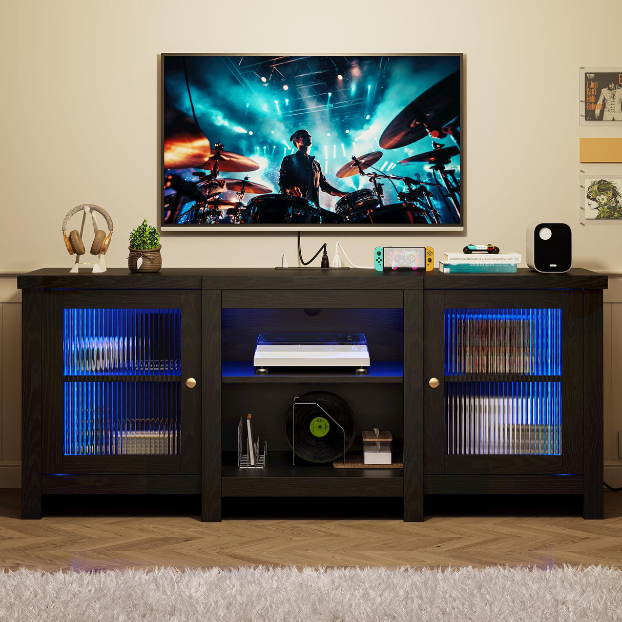 TV Stand for 65 inch TV, Entertainment Center with Power Outlet and LED Light,