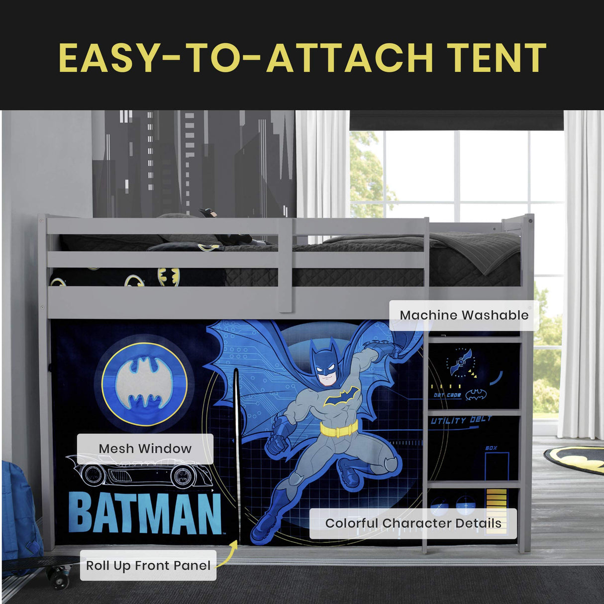 Batman Loft Bed Tent - Curtain Set for Low Twin Loft Bed (Bed Sold Separately)