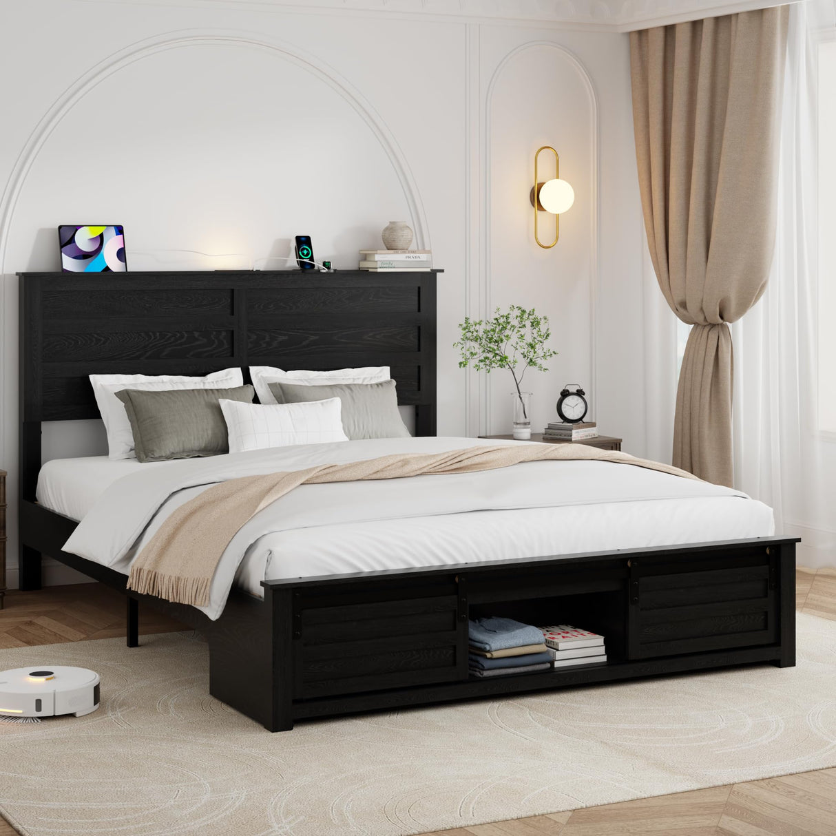 Queen Bed Frame with Wood Headboard & Charging Station