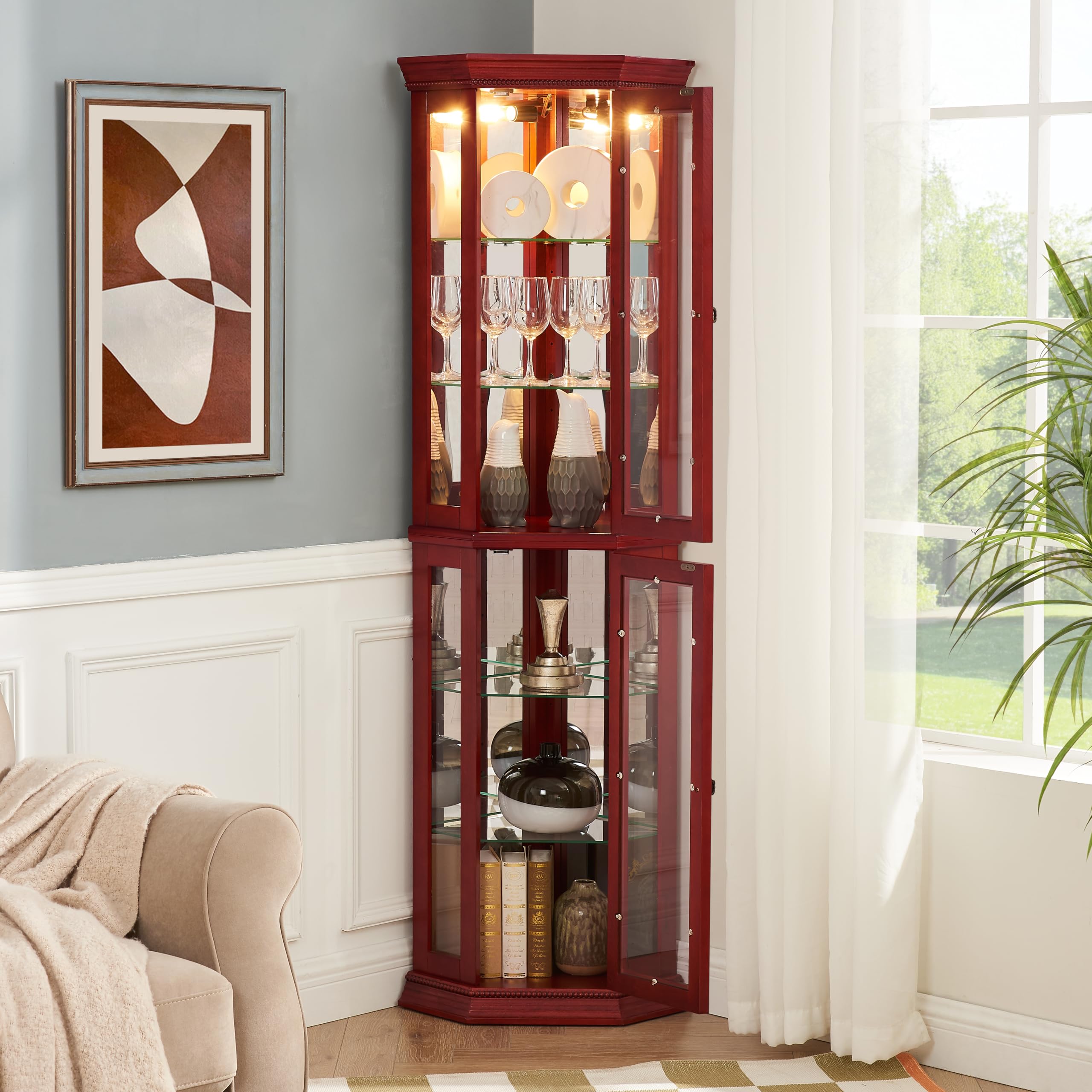Cabinet Lighted Corner Display, Glass Display Shelf Shelving Bar Cabinet with Tempered Glass Door, Bar Cabinet,Cabinet with Adjustable Shelf Glass (Reddish Brown)