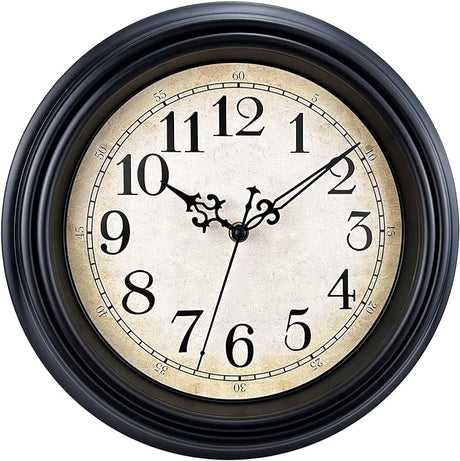 Decorative Black Wall Clock 12 Inch Silent Non Ticking Battery Operated Vintage Elegant