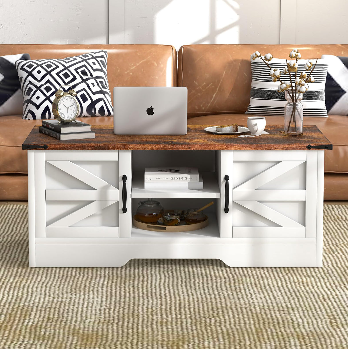 Coffee Table with Barn Doors, Farmhouse Center Table with Storage, Modern Rustic Style