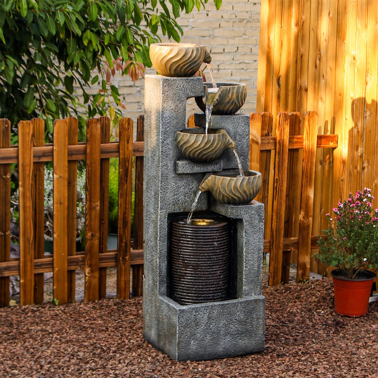 44.09''H Outdoor Garden Water Fountain with LED Lights Bowl Cascading Floor Standing Waterfall Fountains Indoor 5-Tiered