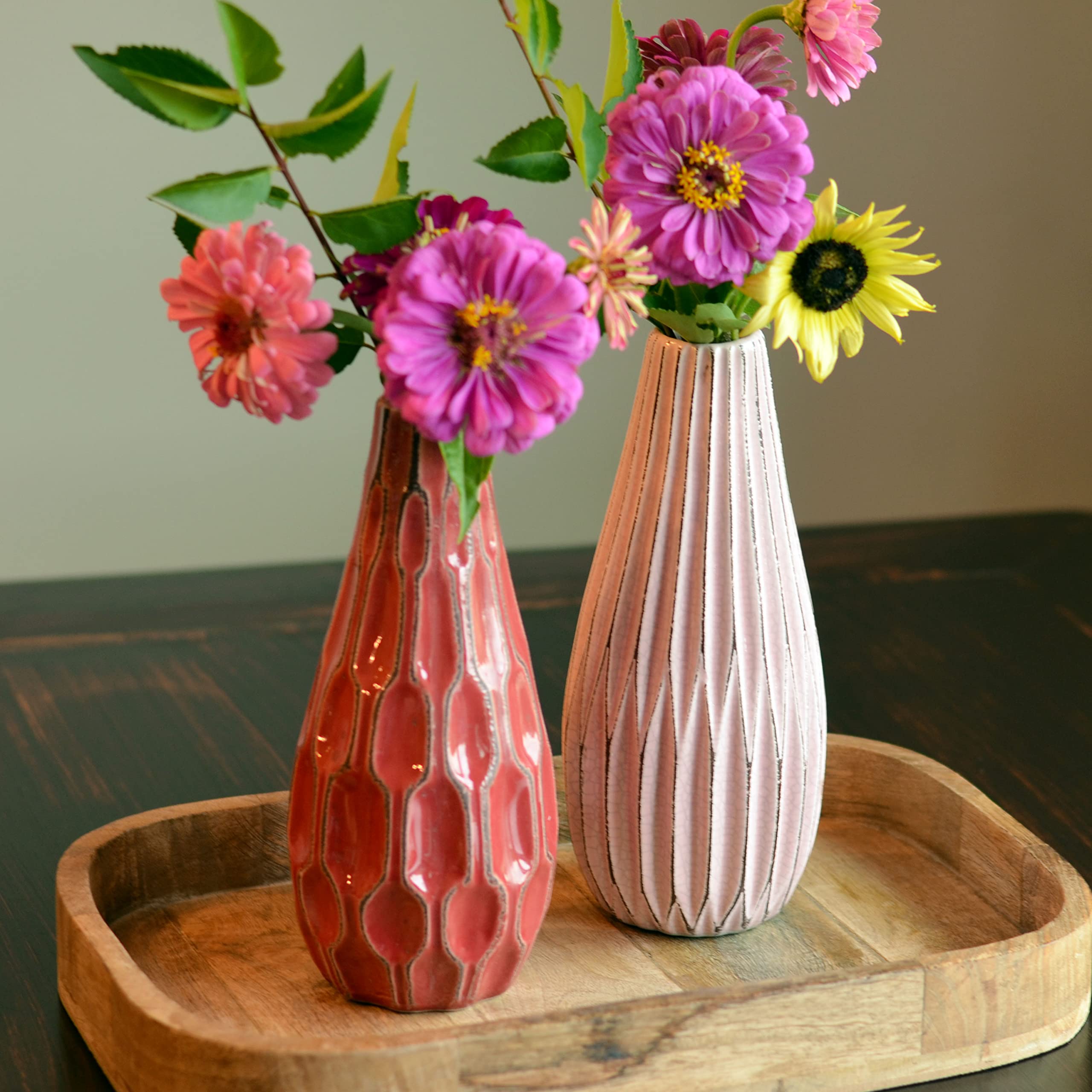 Iconic Scandi Vases, Set of 2, Fluted, Pink, Mauve and Dusty Rose, Crackle Suffused,