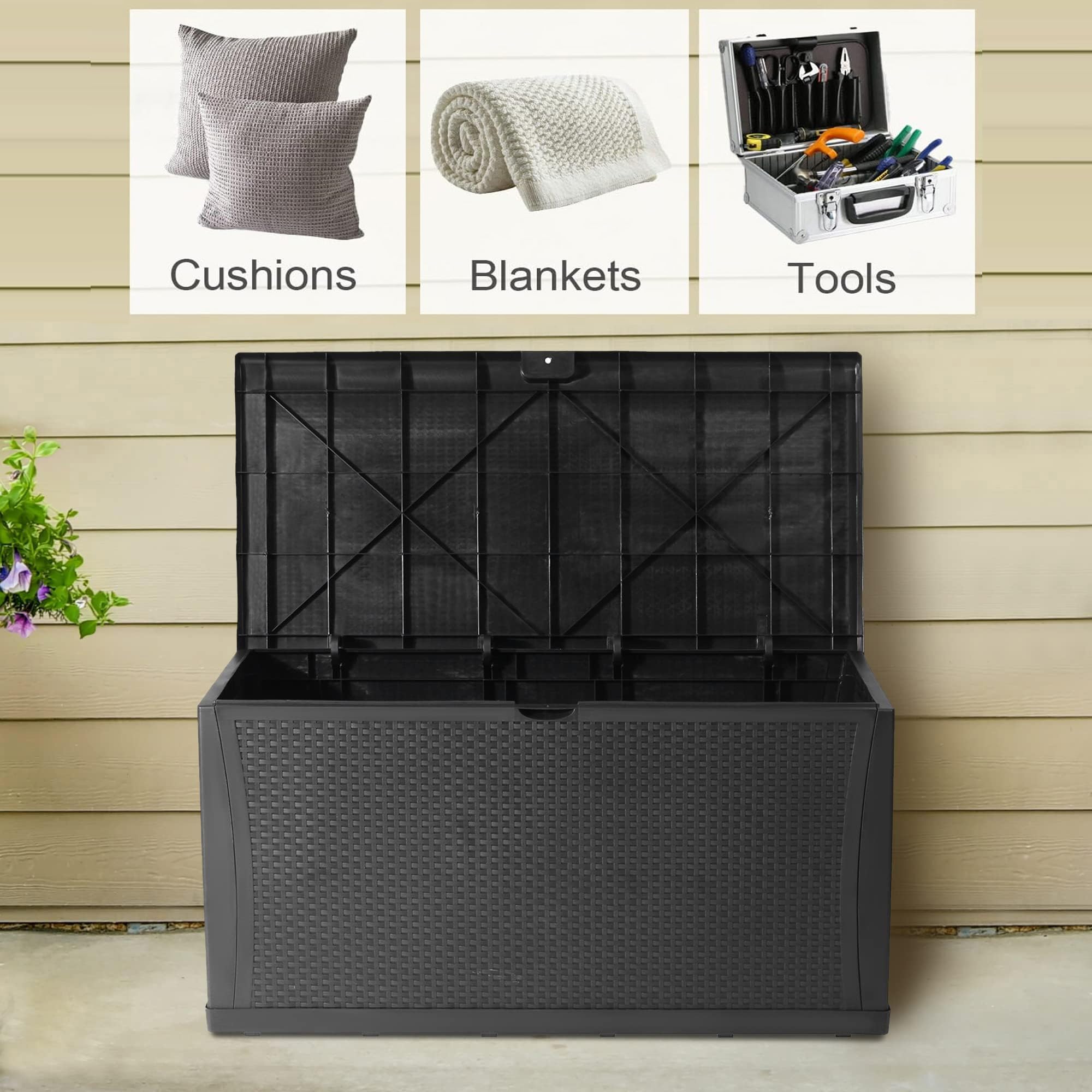120 Gallon Large Deck Box, Waterproof Large Capacity for Patio, Garden, Large Outdoor Resin Rattan Storage Box Rainproof, Lockable