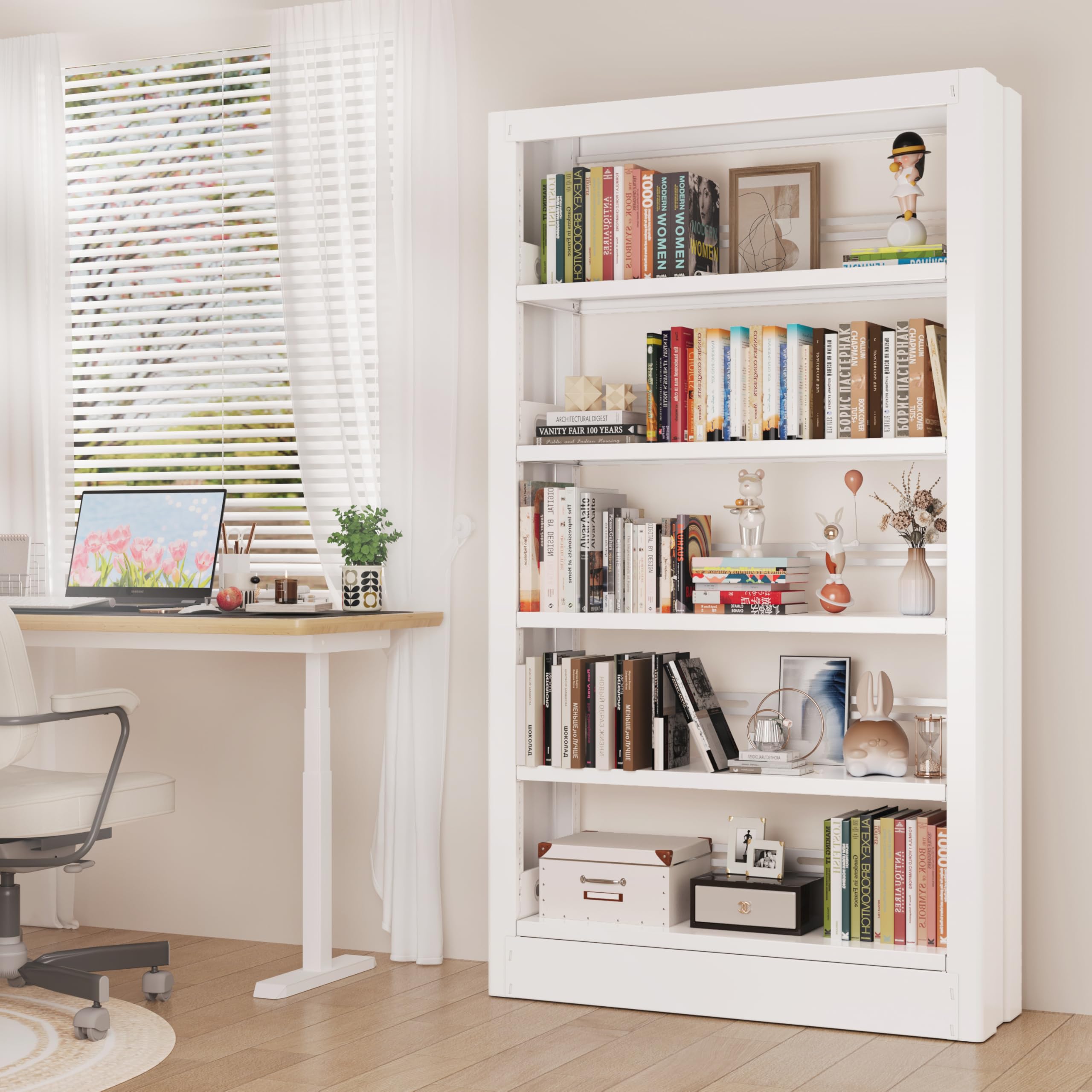IYANEN 5 Tier Metal White Bookshelf, Heavy Duty Metal Bookcase Including Book Stopper, 71" Tall Bookcase with Adjustable Storage Shelves, Modern Bookshelf for Library, Office, School, Living Room