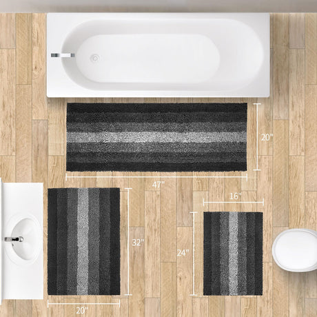 Gibelle Black Bathroom Rug Set 2 Piece, Chenille Non Slip Bath Mat Set, Absorbent Shower Rug and Bath Room Floor Mats, Quick Dry Bathmat Bathroom Decor Accessories for Tub, 16" x 24", 20" x 32"