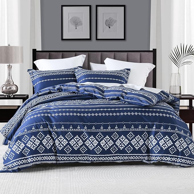 Boho Duvet Cover King Size - 100% Cotton Soft Boho Aztec White Navy Blue Beige Duvet Cover