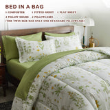 6 Piece Bed in a Bag Twin, Green Leaves Yellow Flower Botanical Design, Smooth Soft