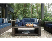 Grasson Lane Outdoor Patio Wicker Sofa with Cushion and 2 Pillows, Brown & Blue
