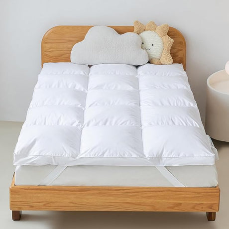 3 Inch White Goose Feather Mattress Topper,Full Feather Bed Topper,Mattress Cover with Straps,