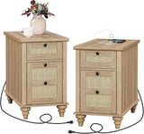 End Table with Charging Station, Wood Side Table with Drawer and Storage Cabinet