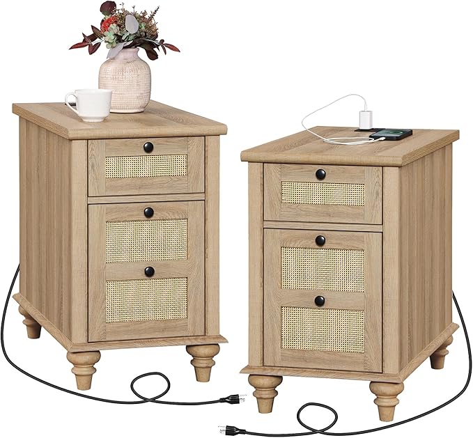 End Table with Charging Station, Wood Side Table with Drawer and Storage Cabinet