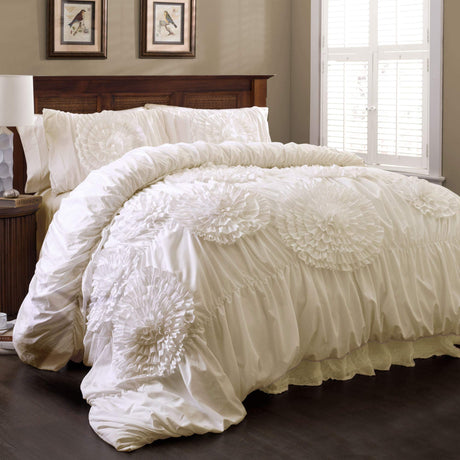 Serena Comforter Set, 3 Piece Set, Full/ Queen, Ivory - Ruched Ruffled Flower Design - Romantic Ruffle Bedding Set - Vintage Glam & Farmhouse Bedroom Decor