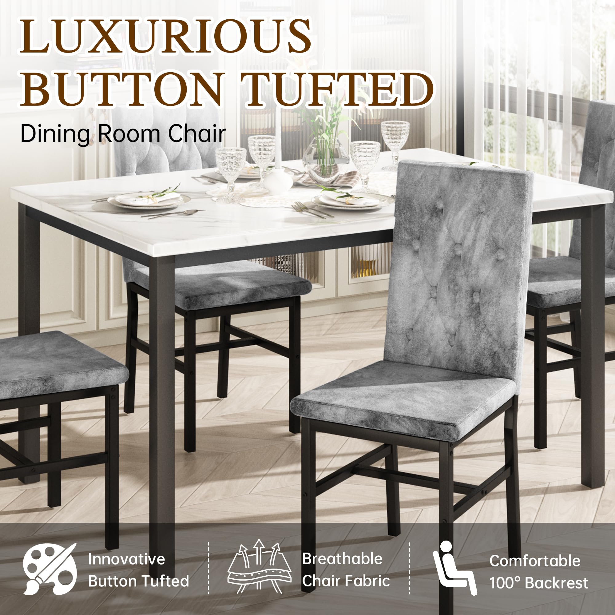 Faux Marble Dining Table Set with 4 Tufted Chairs