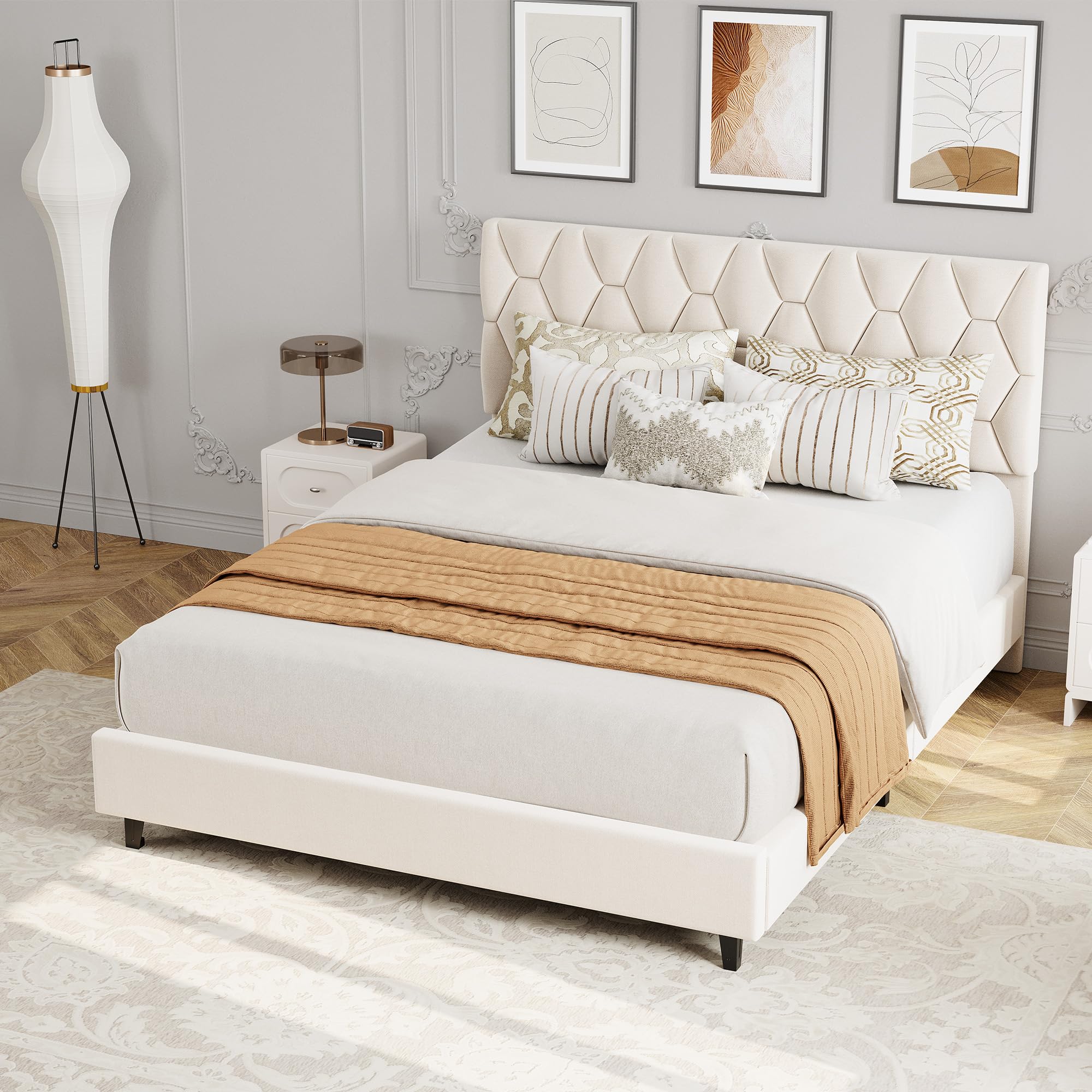 Beige Upholstered Queen Bed Frame with Platform & Wood Slats