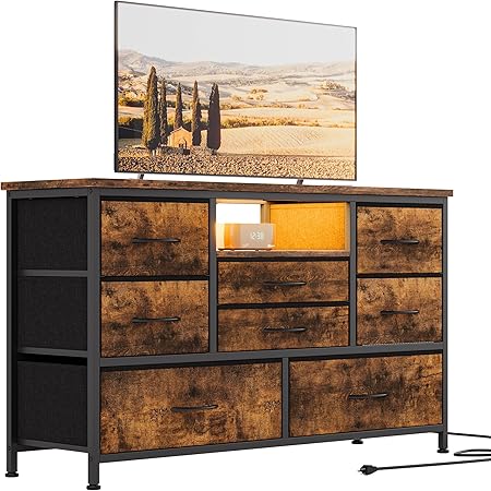 8 Dresser TV Stand with Power Outlet & LED for 55'' TV, Long Dresser for Bedroom