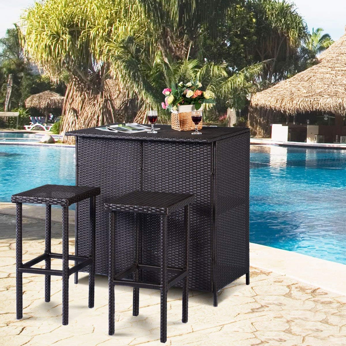 Outdoor Bar Rattan Set 3-Piece Wicker Bar Stools & Table with 2 Storage Shelves