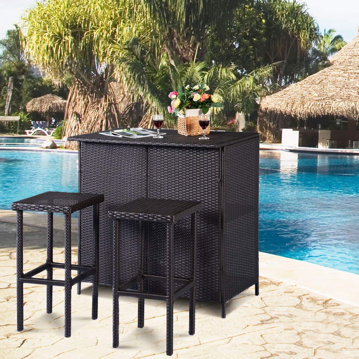 Outdoor Bar Rattan Set 3-Piece Wicker Bar Stools & Table with 2 Storage Shelves