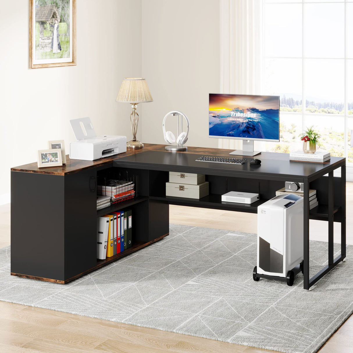 Large Computer Desk with File Cabinet, 71 inch Executive Desk L Shaped Office Desk