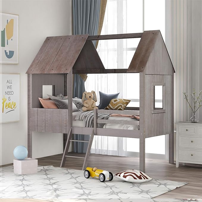 House Bed for Kids, Toddler House Bed, Twin Size Low Loft Bed, Wooden Twin Bed Frames for Kids/Teens/Girls/Boys