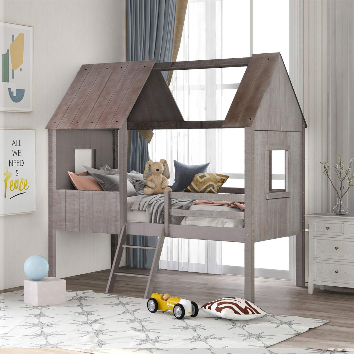 House Bed for Kids, Toddler House Bed, Twin Size Low Loft Bed, Wooden Twin Bed Frames for Kids/Teens/Girls/Boys