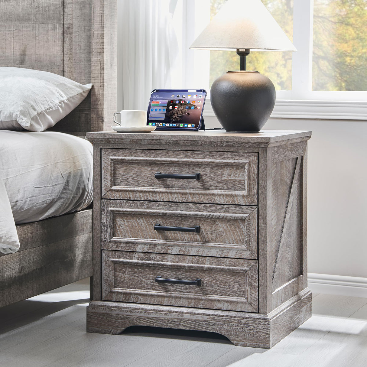 Farmhouse Nightstand with Charging Station, 24 Inch Wide End Table