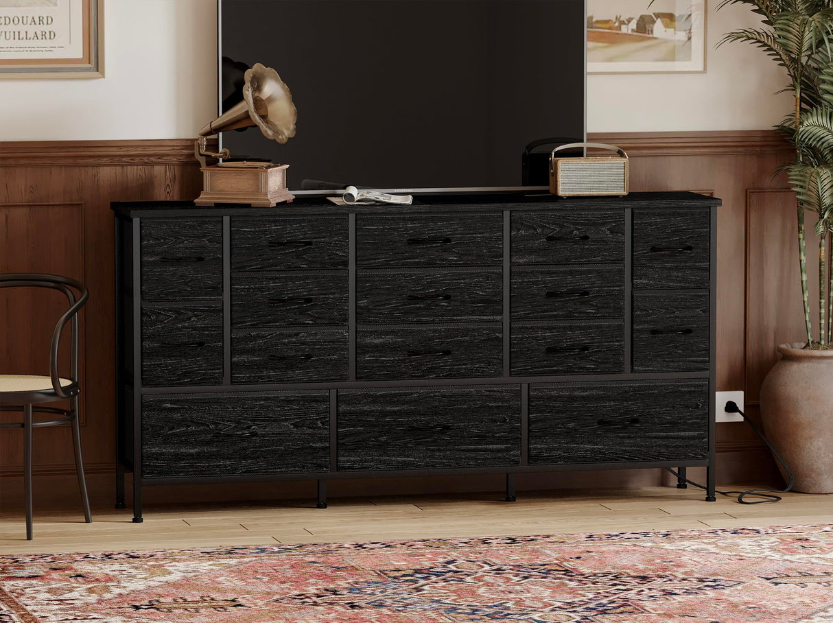 63.3 Inch Large Black Dresser for Bedroom, 16 Drawer Dresser, Long TV Stand for 55, 65,