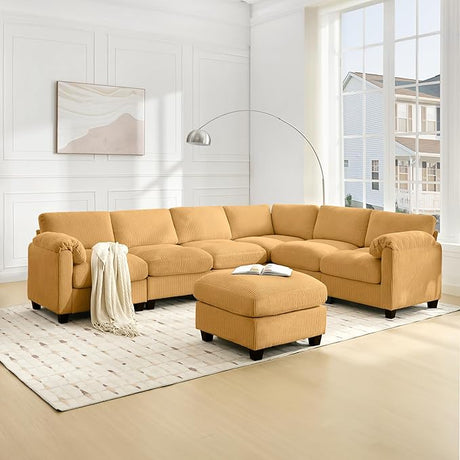 Oversized Corduroy Sectional Couches for Living Room with Movable Ottoman, 6 Seater