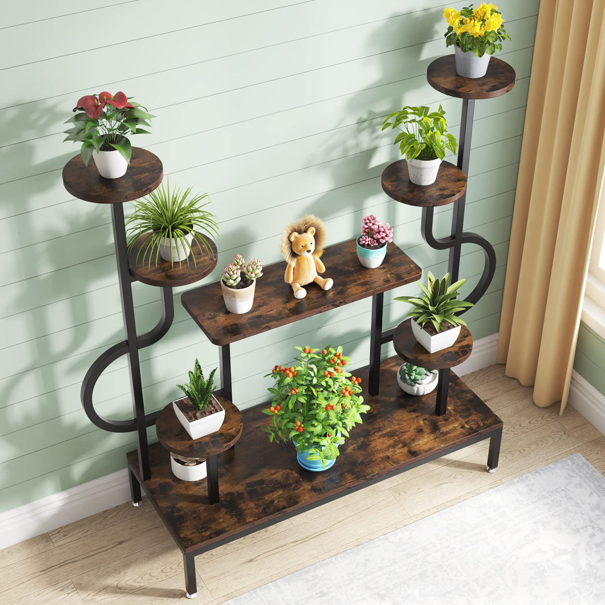 8-Tier Metal Plant Stand, Large Tall Plant Shelf for Multiple Plants, Round & Square Boards