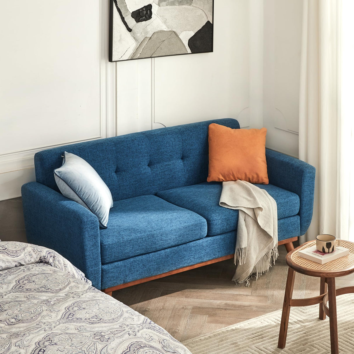 W Loveseat Sofa, Mid Century Modern Decor Love Seat Couches for Living Room, Button Tufted Upholstered Furniture, Solid & Easy to Install Small Couch for Bedroom Office Apartment, Blue