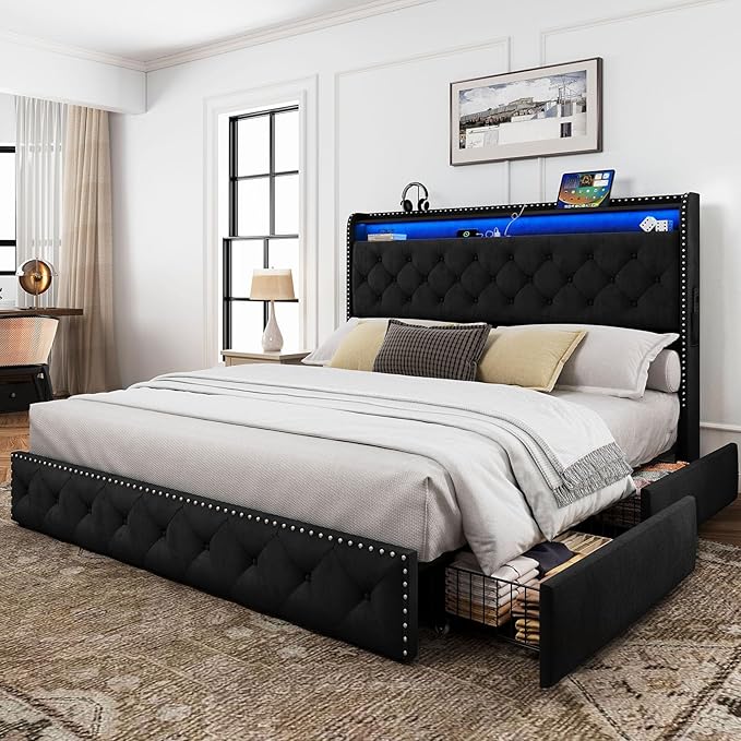 King Size Bed Frame with LED Lights & USB Charging Station, Velvet Upholstered Platform