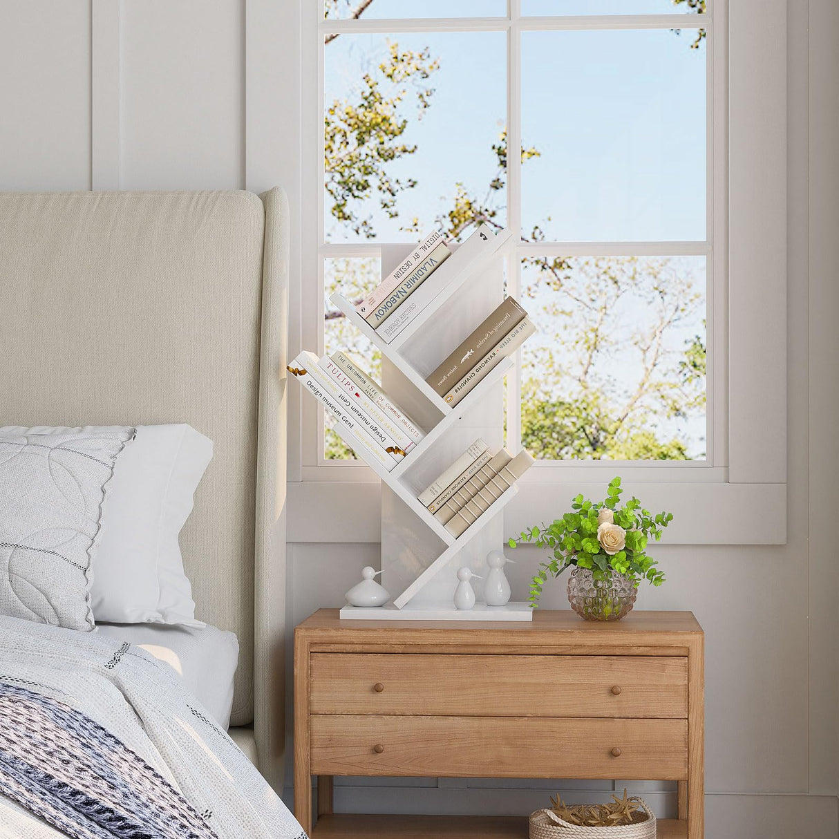 YMYNY 4 Tiers Tree Bookshelf,Rustic Brown+White,HBC014H+HBC014W