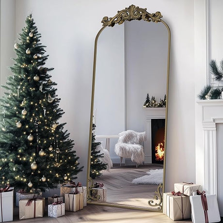 Arched Full Length Mirror, 65"x24" Floor Mirror Freestanding with Carved Metal Frame