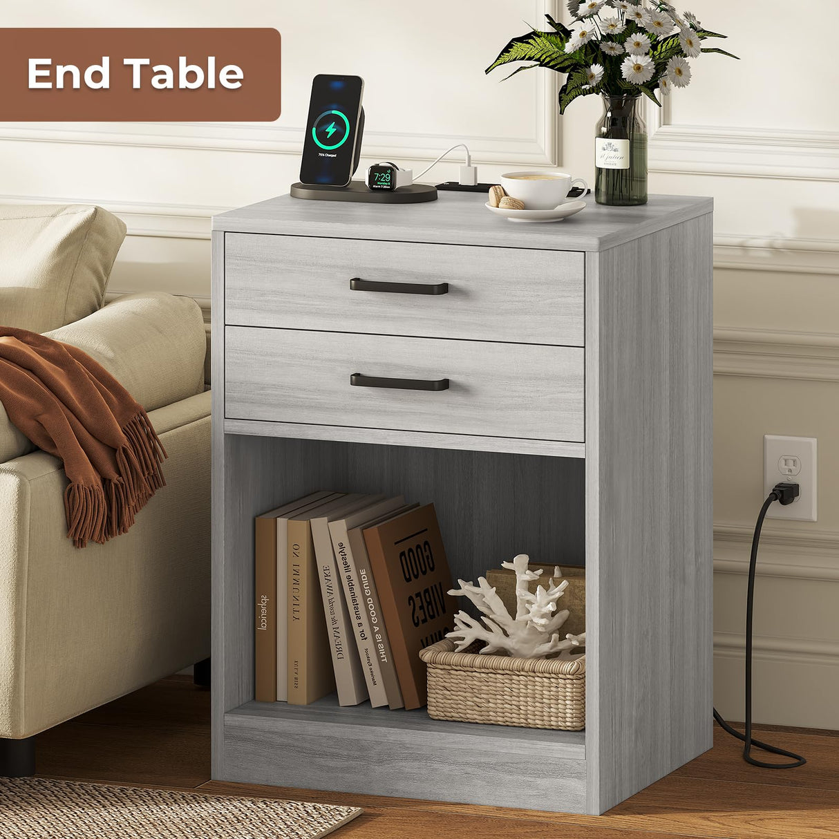 Nightstands Set of 2,Grey Nightstand with Charging Station & Drawers